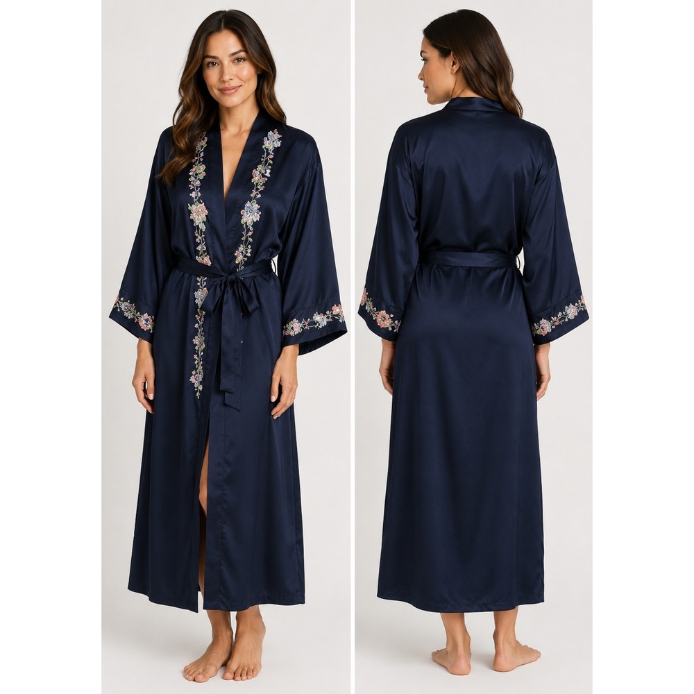 Natori Navy Floral Embroidered Kimono Robe Women's Medium Belted Satin Loungewea